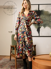 Hope & Ivy Sanne Knot Front Satin Midi Dress - Dark Florals