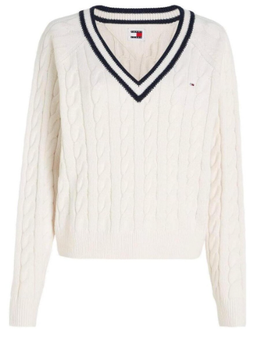 Tommy Jeans V-Neck Cable Sweater - Ancient White