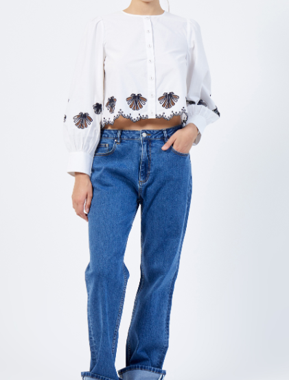 French Connection Cambria Embroidered Shirt - Linen White/Navy