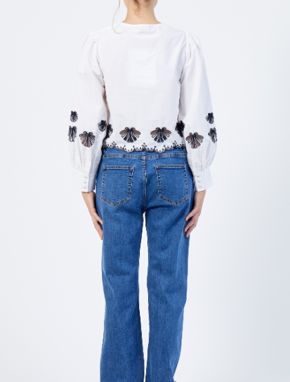 French Connection Cambria Embroidered Shirt - Linen White/Navy
