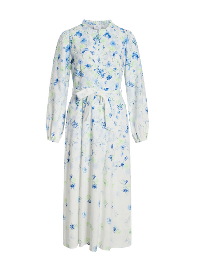 Elma O-Neck L/S Long Midi Dress - White/Blue Floral