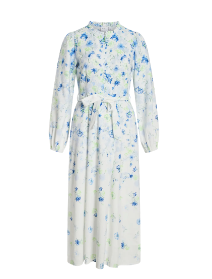 Elma O-Neck L/S Long Midi Dress - White/Blue Floral