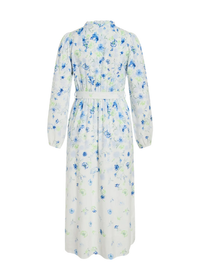 Elma O-Neck L/S Long Midi Dress - White/Blue Floral