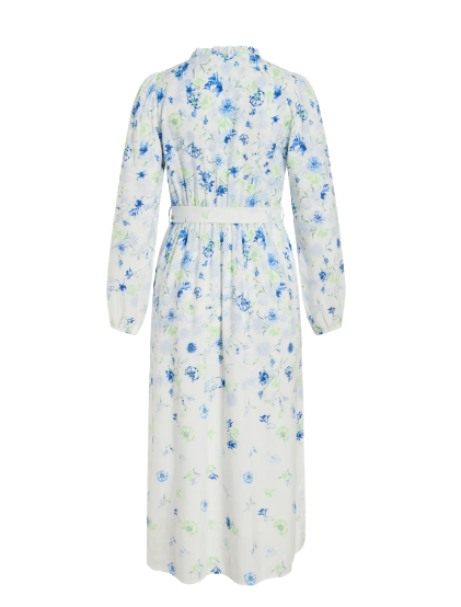 Elma O-Neck L/S Long Midi Dress - White/Blue Floral