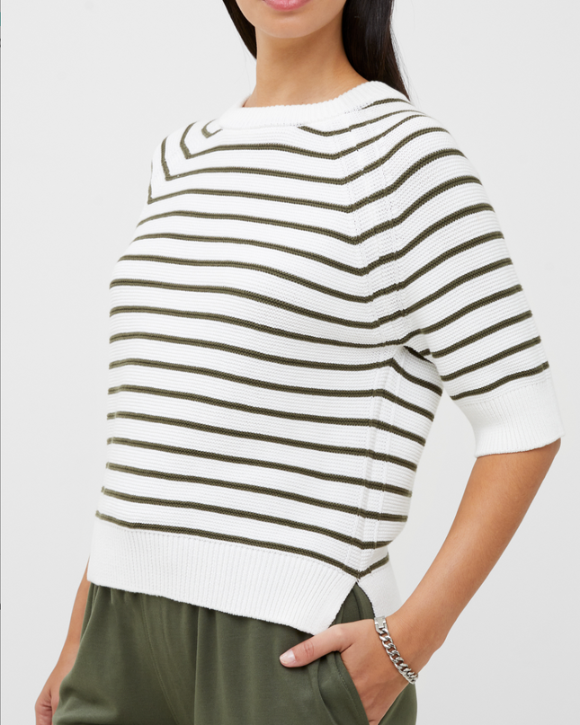 French Connection - Lily Mozart Stripe Short Sleeve Jumper - White / Olive
