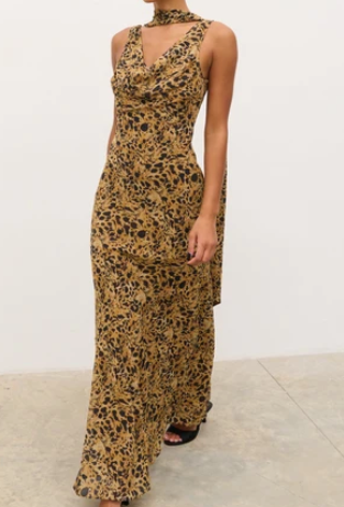 Arden High Cowl Scarf Maxi Dress - Abstract Leopard