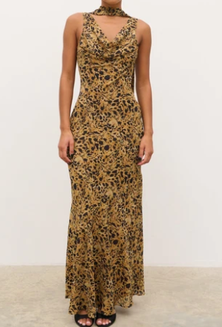 Arden High Cowl Scarf Maxi Dress - Abstract Leopard