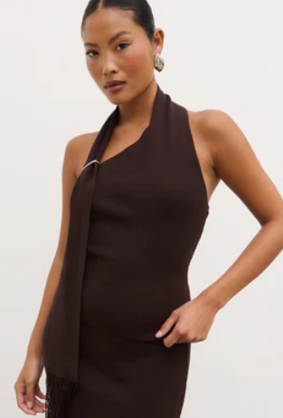 Polly Halterneck Wrap Scarf Knit Top - Chocolate