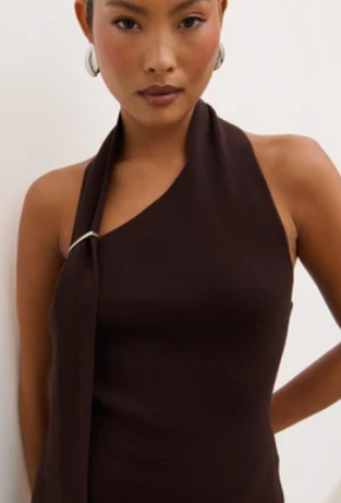 Polly Halterneck Wrap Scarf Knit Top - Chocolate