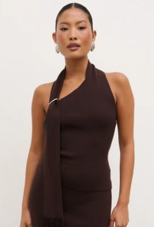 Polly Halterneck Wrap Scarf Knit Top - Chocolate