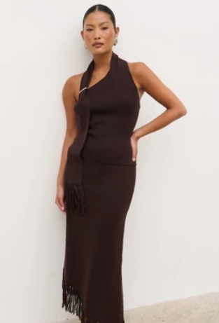 Polly Halterneck Wrap Scarf Knit Top - Chocolate