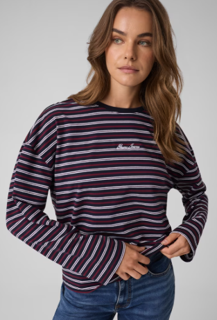 Guess Long Sleeve Stripe Oversized Tee - Navy/Burgundy