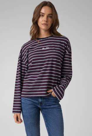 Guess Long Sleeve Stripe Oversized Tee - Navy/Burgundy