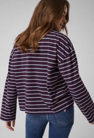 Guess Long Sleeve Stripe Oversized Tee - Navy/Burgundy