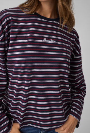 Guess Long Sleeve Stripe Oversized Tee - Navy/Burgundy