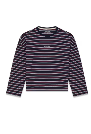 Guess Long Sleeve Stripe Oversized Tee - Navy/Burgundy