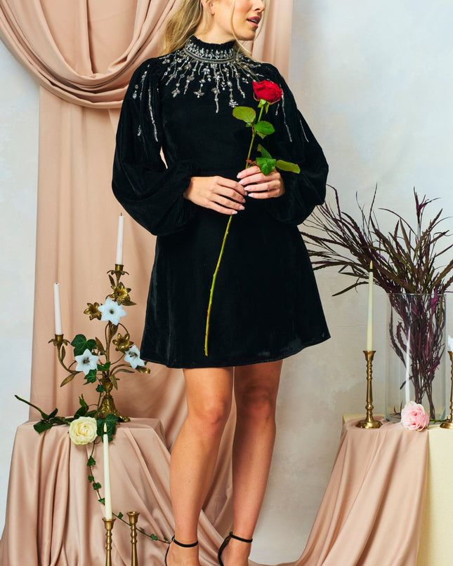 Zadie Embellished High Neck Velvet Mini Dress with Blouson Sleeve
