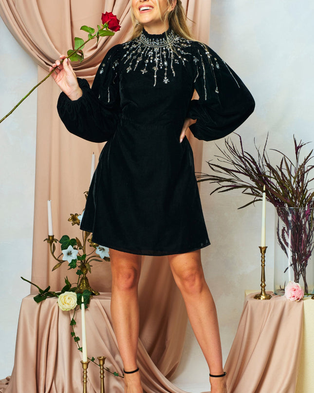 Zadie Embellished High Neck Velvet Mini Dress with Blouson Sleeve