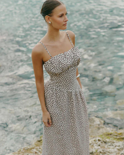 Zaria Corset Detail Maxi Dress - Cream and Brown Polka Dot