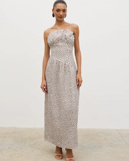 Zaria Corset Detail Maxi Dress - Cream and Brown Polka Dot
