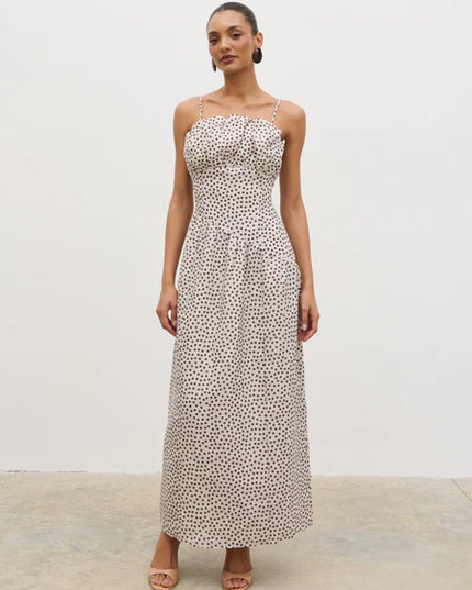 Zaria Corset Detail Maxi Dress - Cream and Brown Polka Dot
