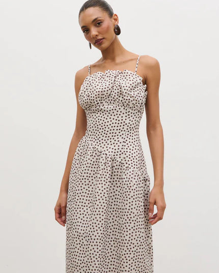 Zaria Corset Detail Maxi Dress - Cream and Brown Polka Dot