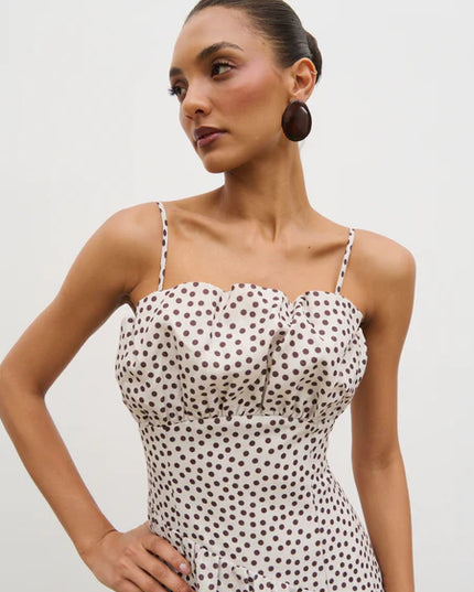 Zaria Corset Detail Maxi Dress - Cream and Brown Polka Dot
