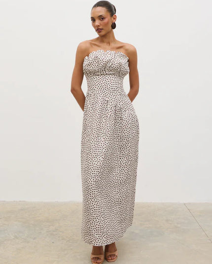 Zaria Corset Detail Maxi Dress - Cream and Brown Polka Dot