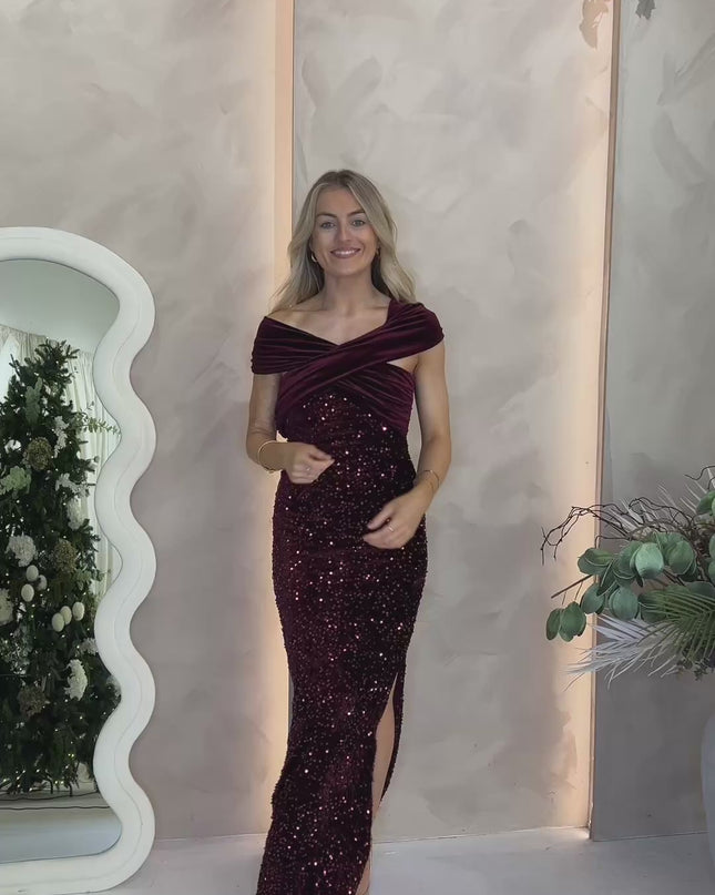 Bardot Velvet Sequin Midaxi - Burgundy