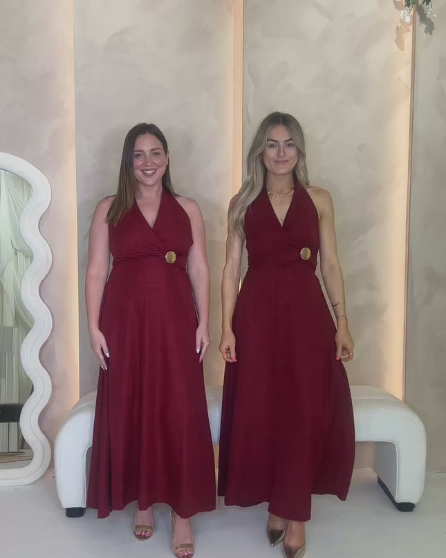 Halter Dress with Brooch Detail - Burgundy