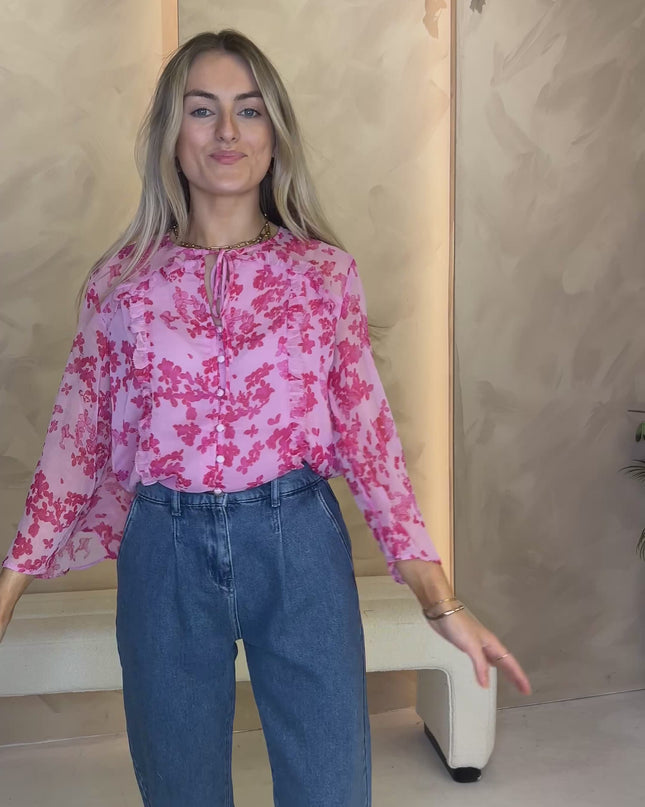 French Connection Isla Hallie Crinkle Tie Neck Top - Violet Pink Multi
