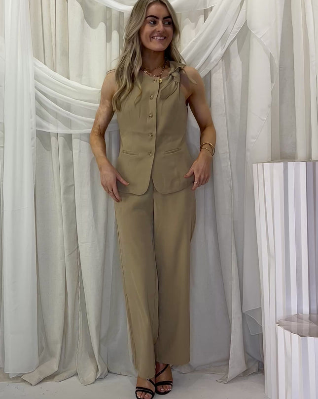 Tailored Round Neck Waistcoat - Beige
