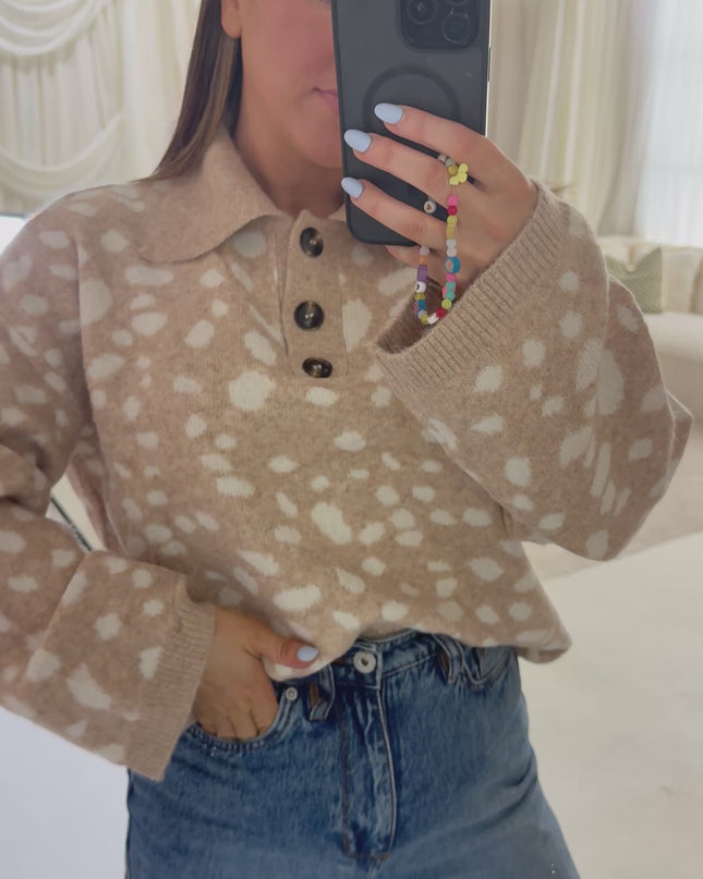 Collar Button Up Knit - Deer Print
