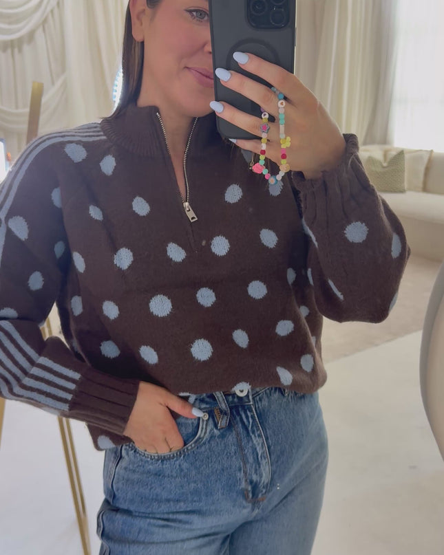 Polka Dot Quarter Zip Knit - Brown/Blue
