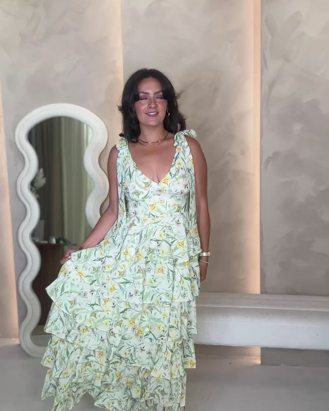 Fiore Tie Ruffle Maxi Dress - Sage Floral