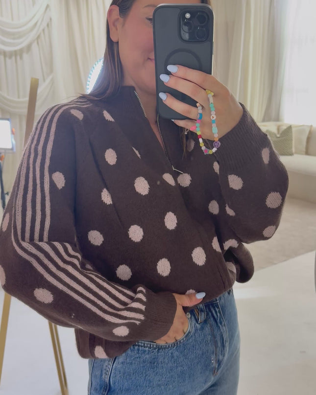 Polka Dot Full Zip Knit - Brown/Pink