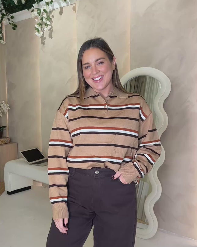 Knit Rugby Top - Camel and Rust