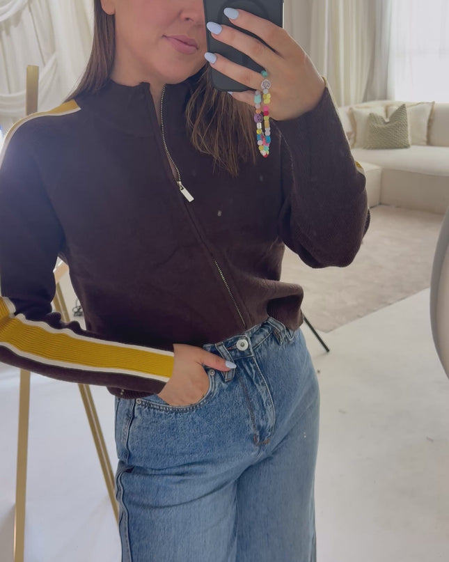 Ribbed Full Zip Knit - Brown/Mustard
