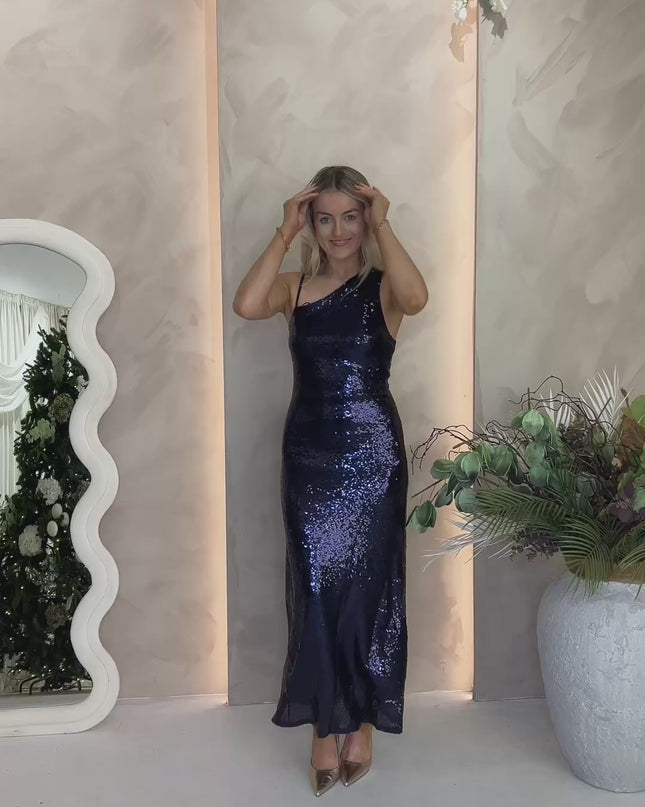Asymmetric Sequin Dress - Navy