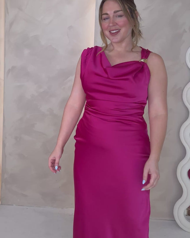 Cowl Neck Dress with Gold Hardware - Fuchsia