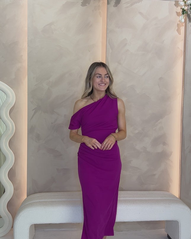 Donna Asymmetric Neckline Midi Dress Dark Fuchsia