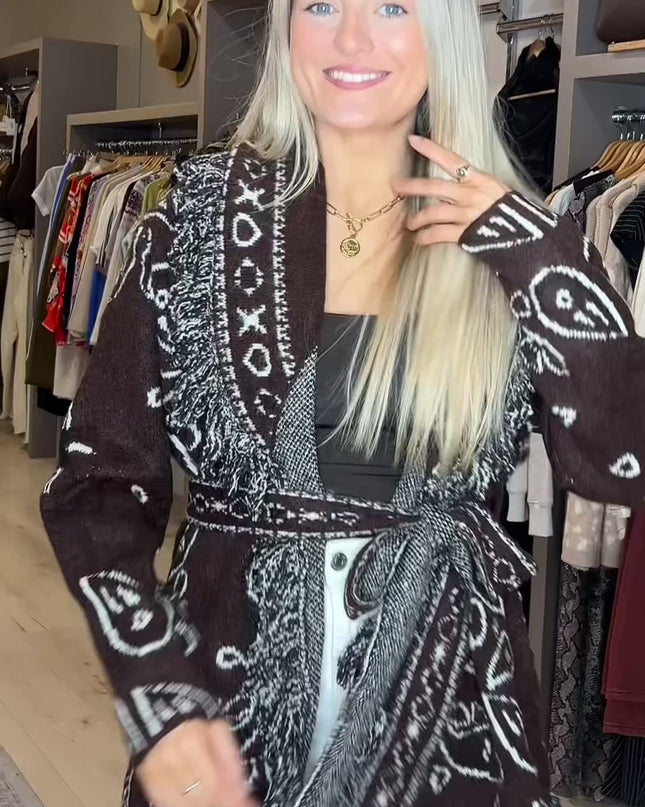 Longline Tie-Waist Fringed Cardigan - Brown