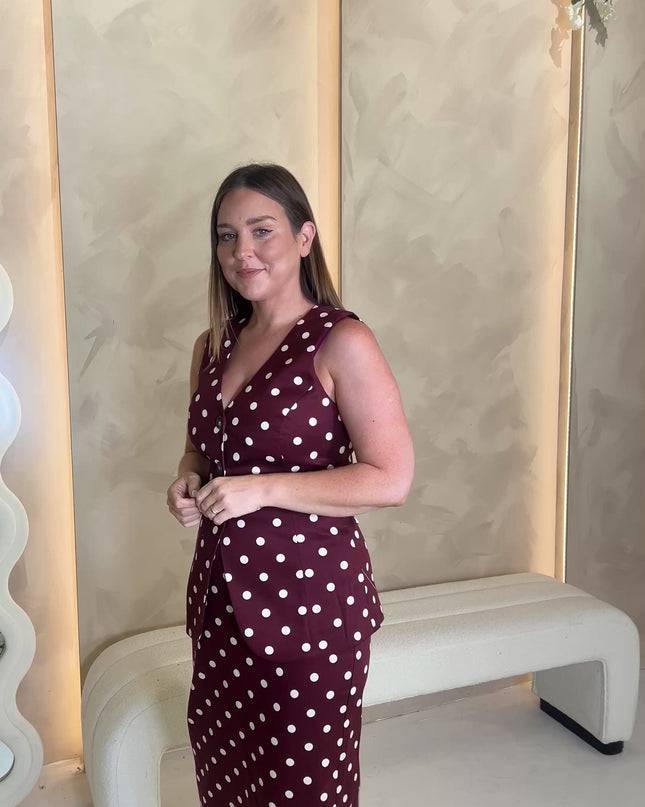 Burgundy Polka Dot Longline Waistcoat
