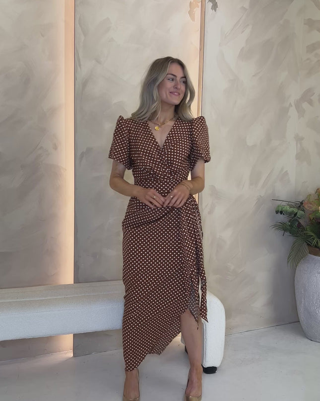 Drew Puff Sleeve Wrap Front Midi Dress - Brown Spot