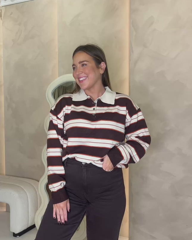 Knit Rugby Top - Coffee and Orange