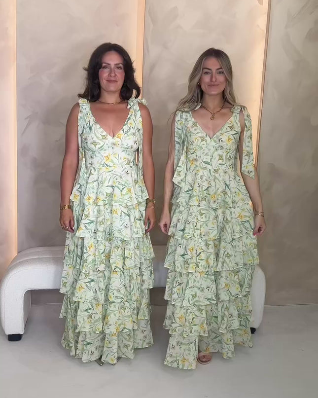 Fiore Tie Ruffle Maxi Dress - Sage Floral