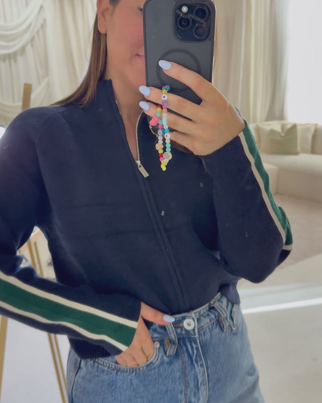 Ribbed Full Zip Knit - Navy/Green