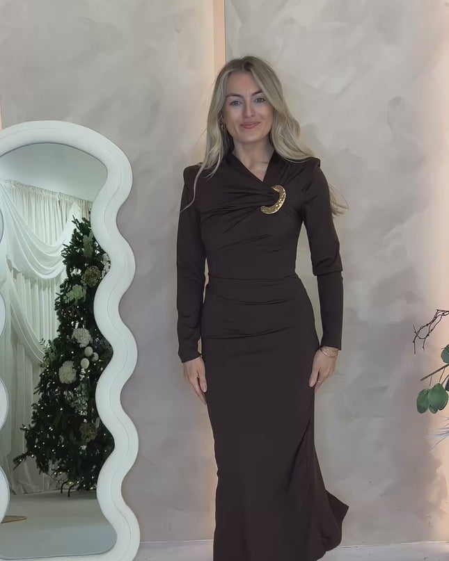 Stretch Midi Dress with Gold Hardware - Brown