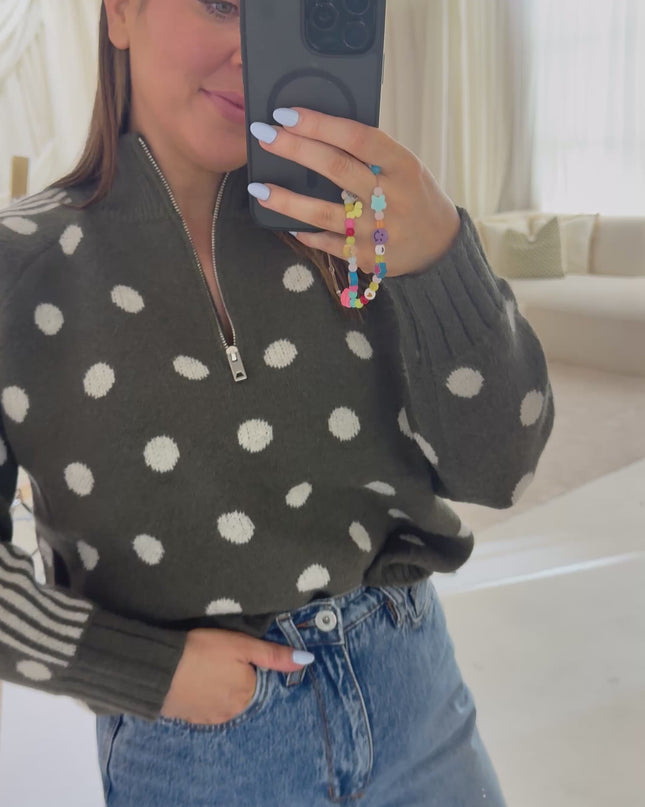 Polka Dot Quarter Zip Knit - Green