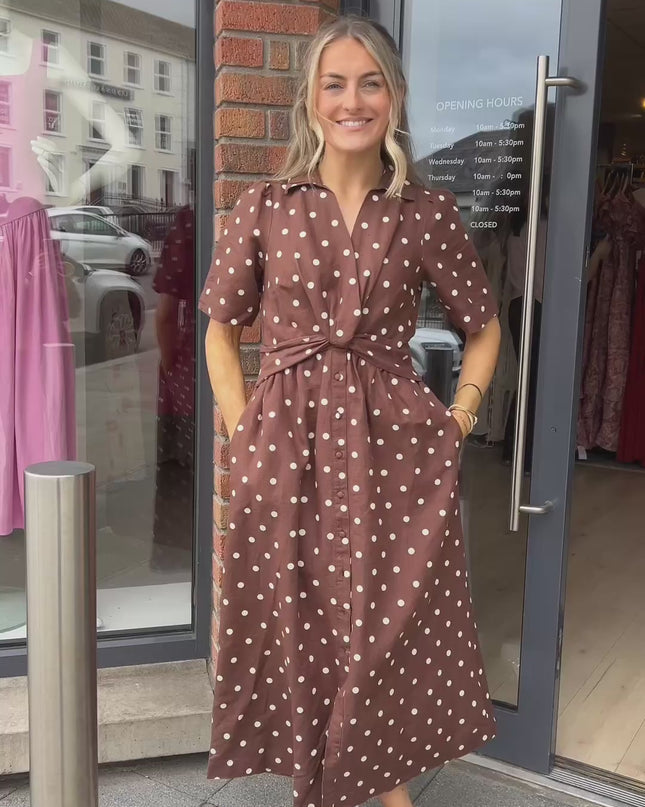 Marina Midi Linen Blend Dress - Brown Polka Dot